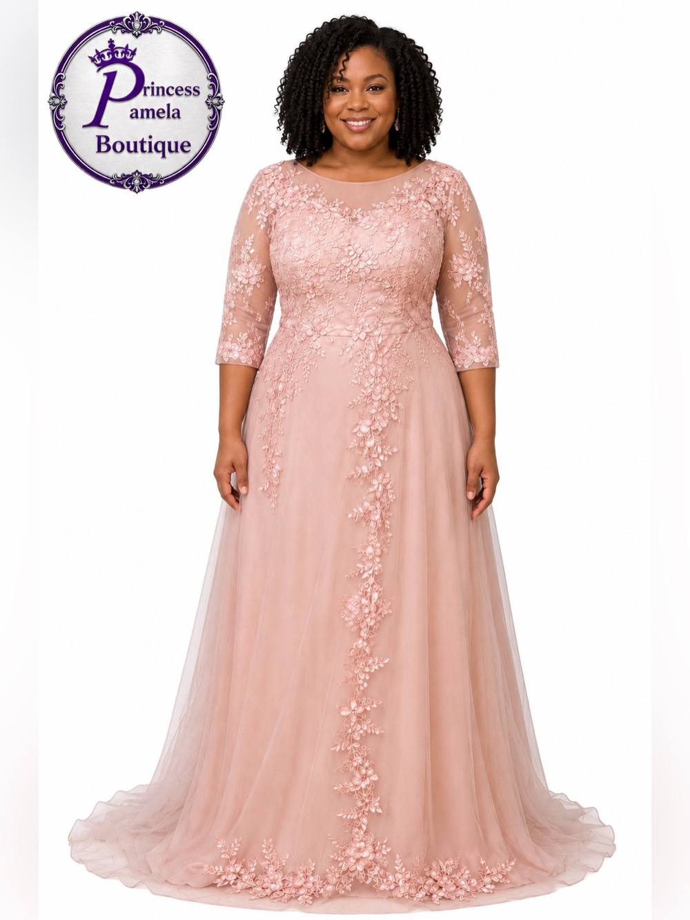 #7-13 Peachy Pink formal floor-length tulle gown.
